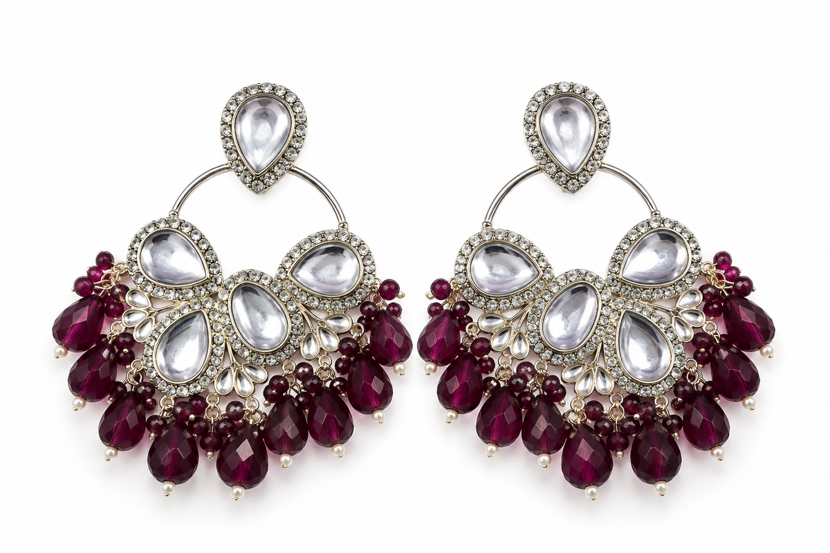 Premium Silver-Toned Burgundy Crystal Chandelier Statement Earrings