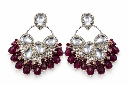Premium Silver-Toned Burgundy Crystal Chandelier Statement Earrings
