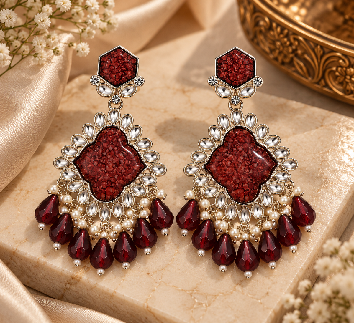 Premium Burgundy Stone Chandelier Earrings with Pearl and Teardrop Embellishments