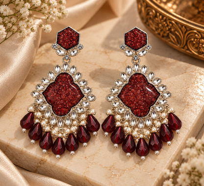 Premium Burgundy Stone Chandelier Earrings with Pearl and Teardrop Embellishments