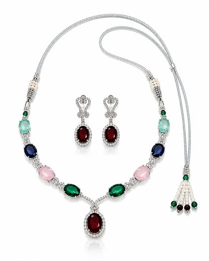 Silver-Toned Multicolor Stone Necklace & Earring Set