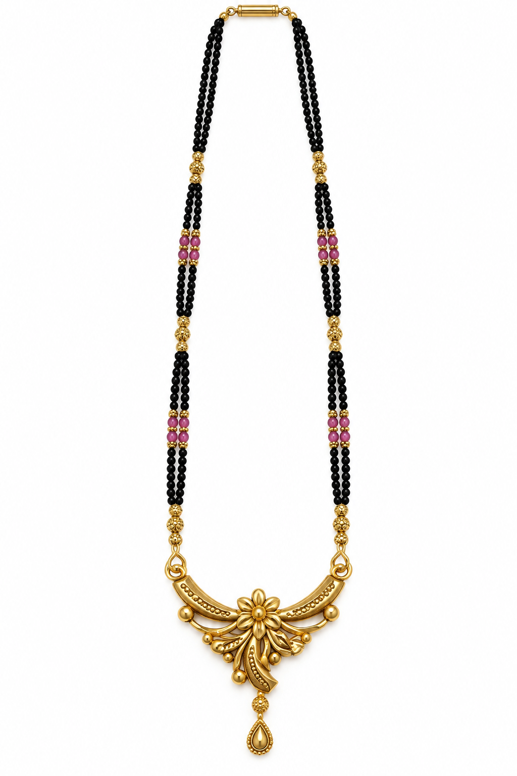 Gold-Toned Black Beaded Floral Pendant Necklace