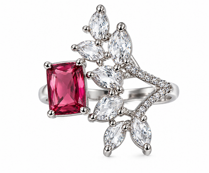 Silver-Toned Pink Gemstone Floral Statement Ring