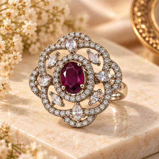 Silver-Toned Floral Statement Ring