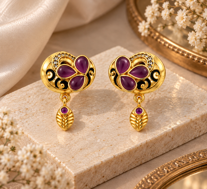 Gold-Plated Purple Floral Stud Drop Earrings