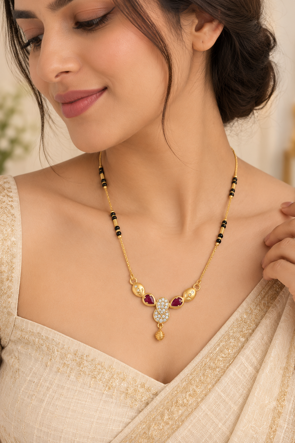 Elegant Gold-Toned Mangalsutra with Ruby-Accent Pendant