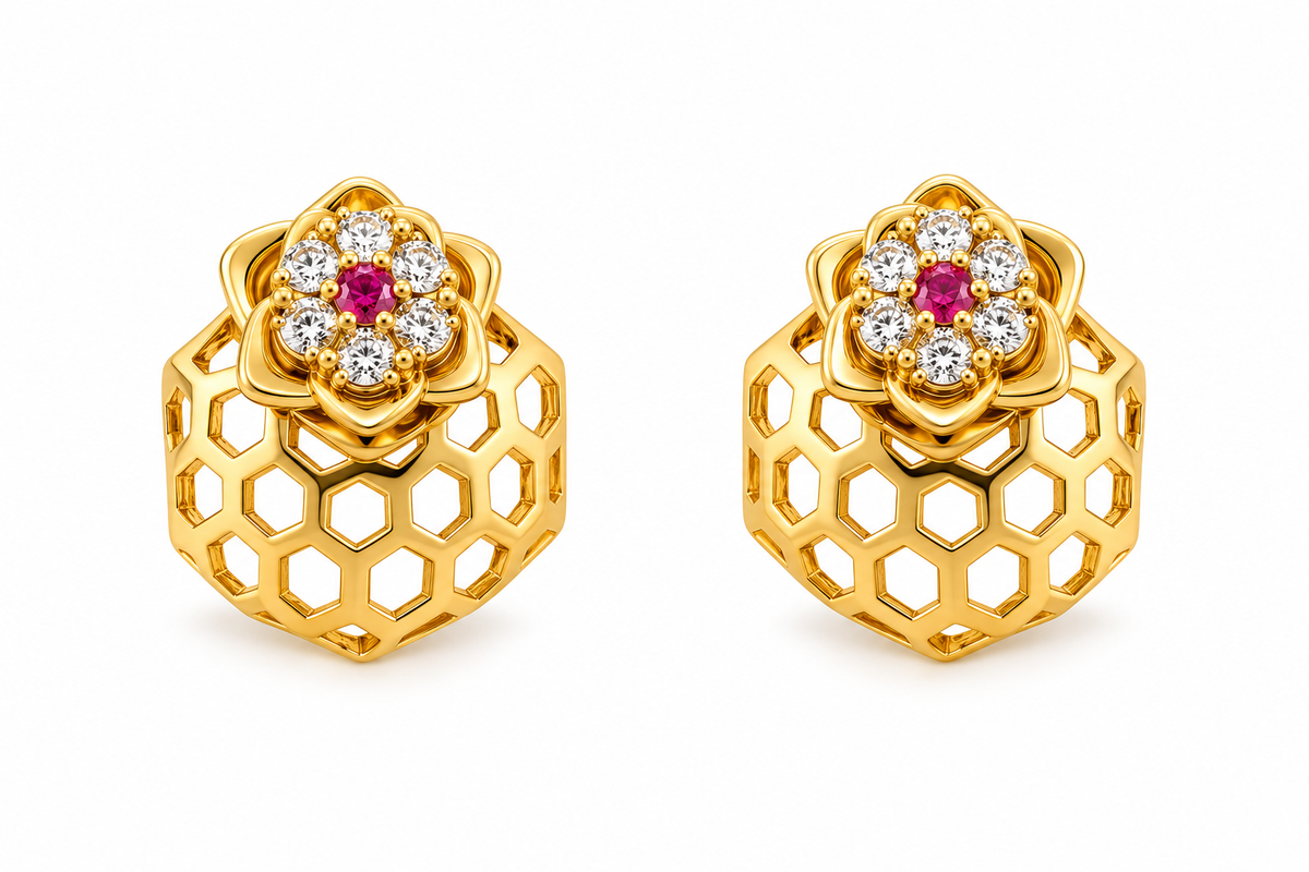 Gold-Toned Honeycomb Floral Stud Earrings