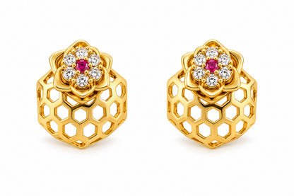 Gold-Toned Honeycomb Floral Stud Earrings