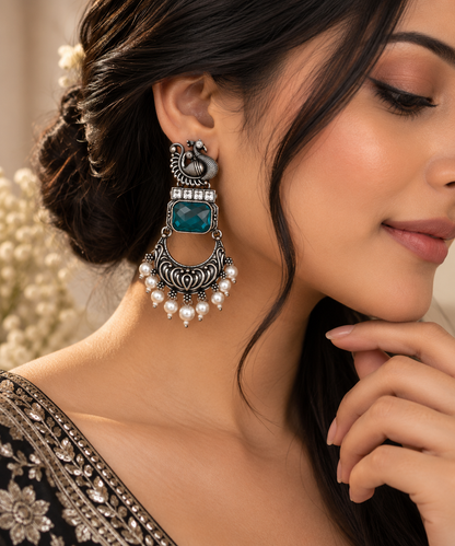 Premium Oxidized Silver Peacock Design Teal Stone Chandelier Earrings