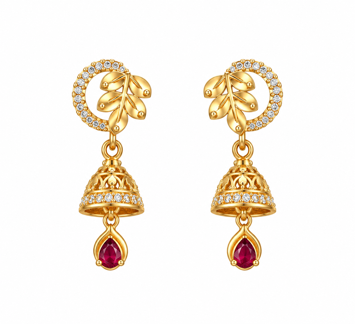 Premium Gold-Toned Floral Jhumka Drop Earrings with Ruby Accents