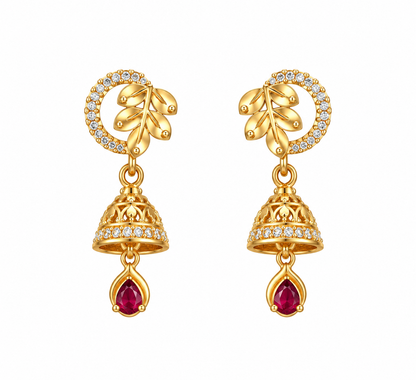 Premium Gold-Toned Floral Jhumka Drop Earrings with Ruby Accents