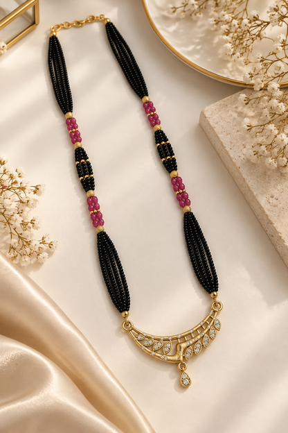 Premium Black & Pink Beaded Necklace with Gold-Toned Pendant