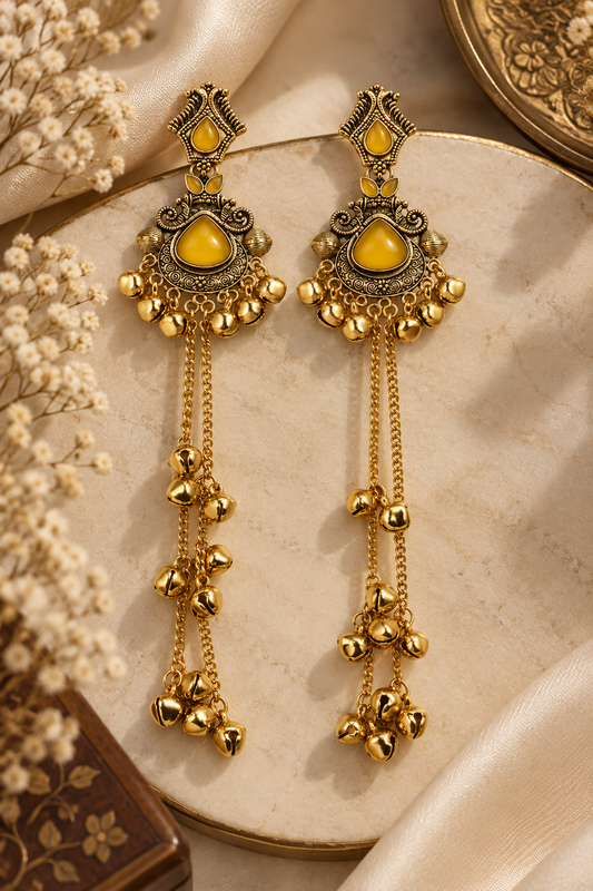 Premium Gold-Toned Yellow Stone Long Chain Jhumka Earrings