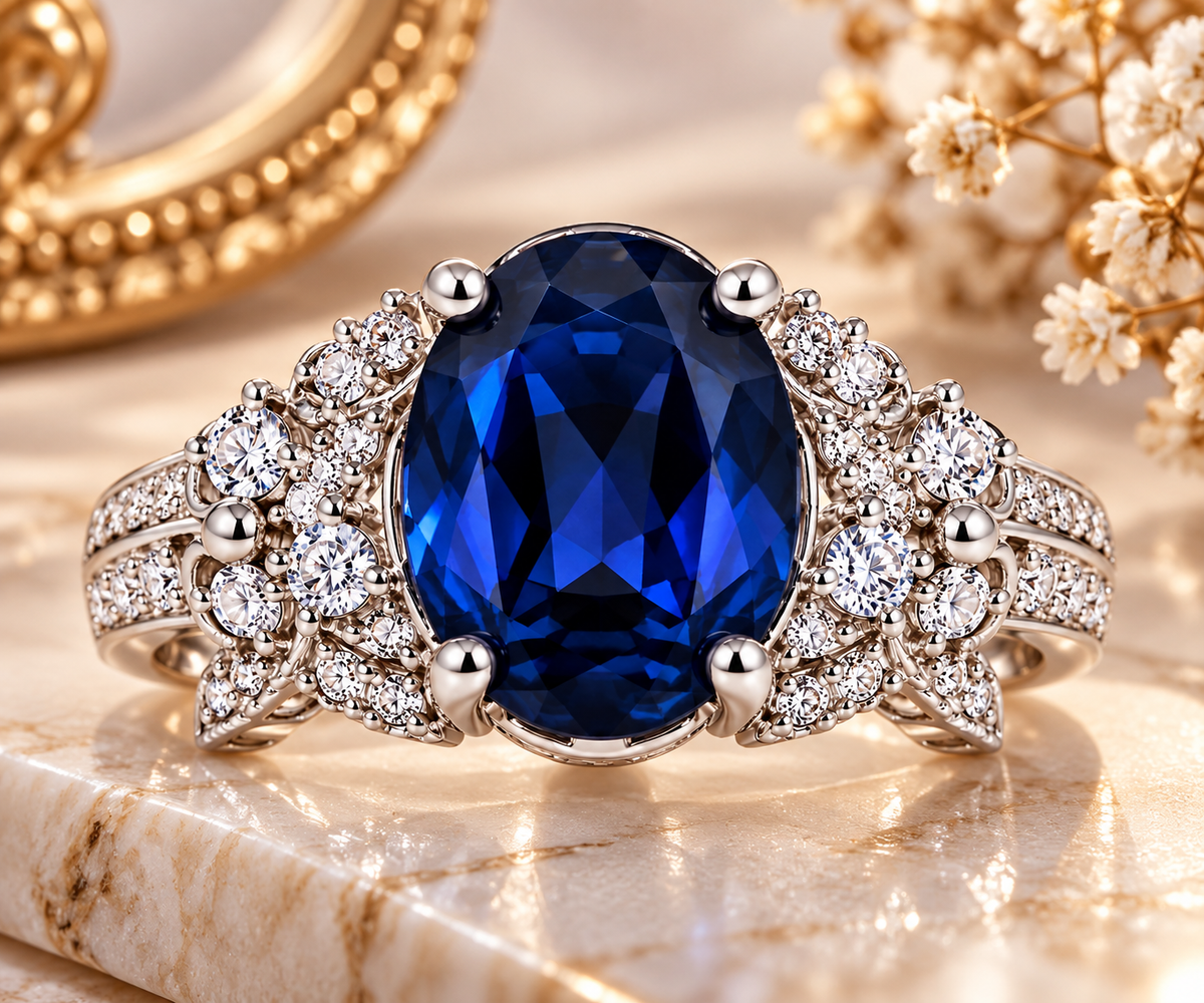 Sapphire Blue Floral Halo Statement Ring
