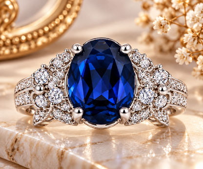 Sapphire Blue Floral Halo Statement Ring