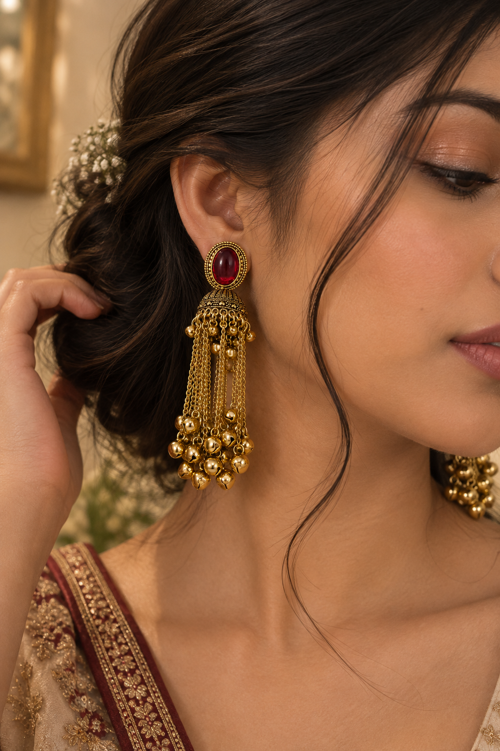 Premium Gold-Toned Maroon Stone Long Chain Jhumka Earrings