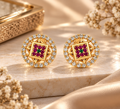 Gold-Toned Geometric Ruby Stud Earrings