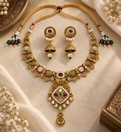 Premium Gold-Toned Traditional Multicolor Necklace & Earring Set