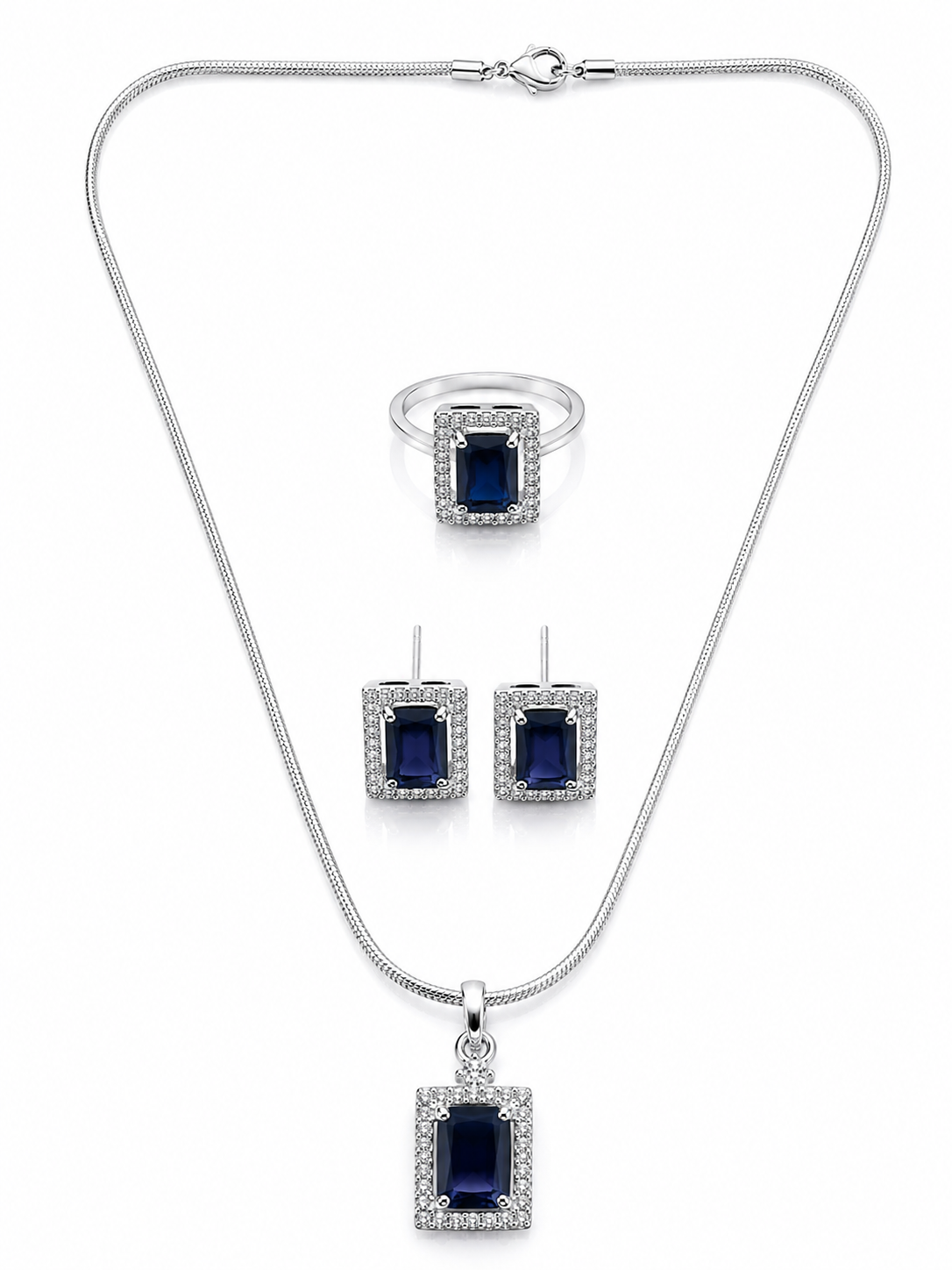 Elegant Midnight Blue Silver-Toned Pendant Set