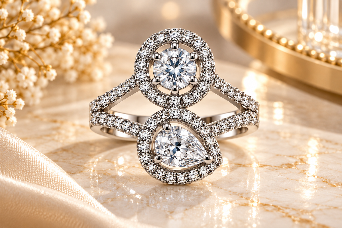 Crystal Double Halo Geometric Statement Ring