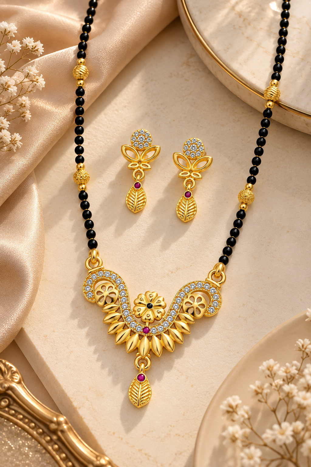 Premium Gold-Toned Mangalsutra Set with Floral Pendant