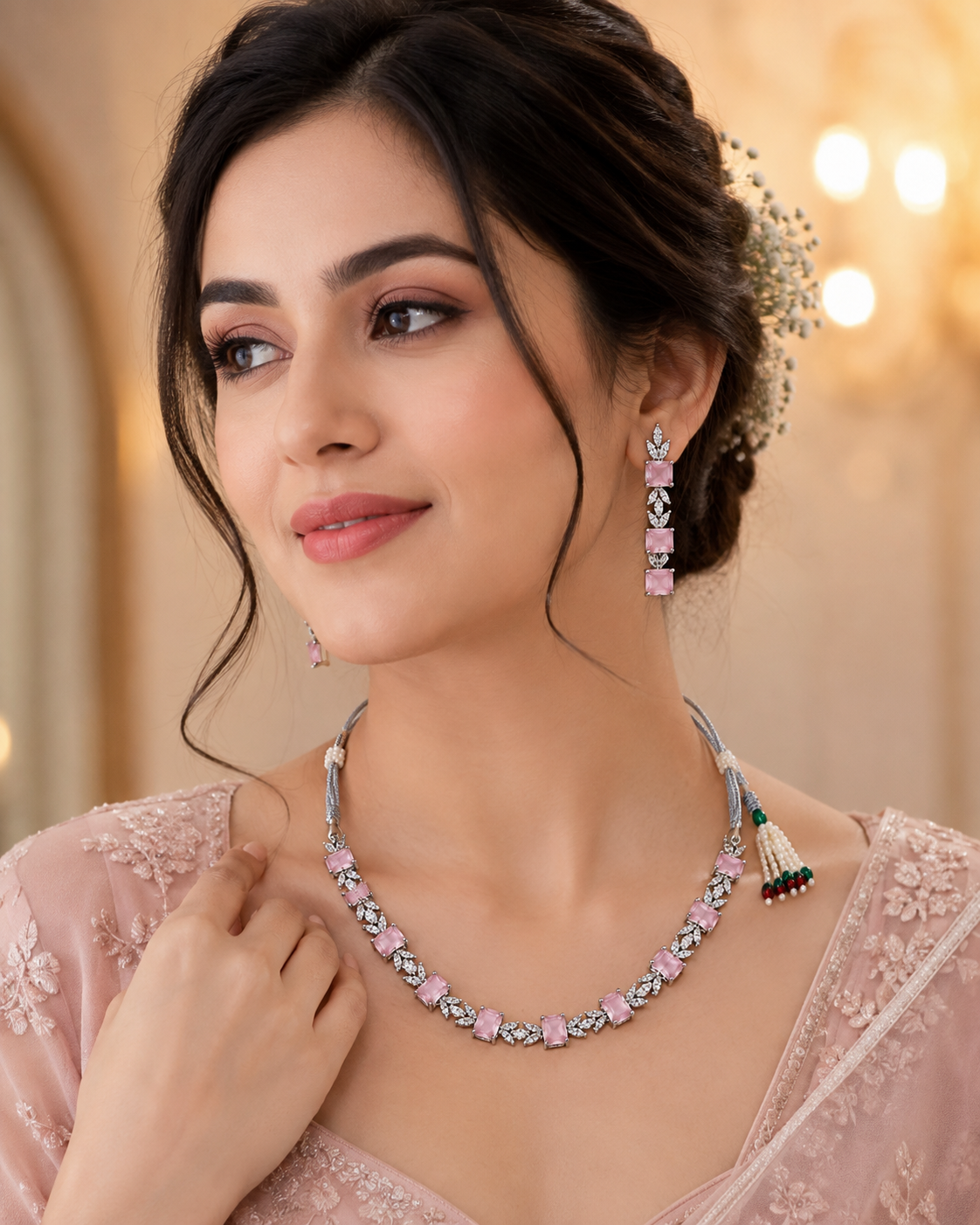 Elegant Silver-Toned Pink Stone Necklace & Earring Set
