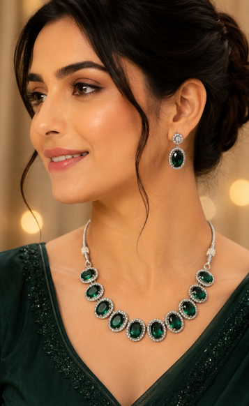 Silver-Toned Emerald Green Stone Necklace & Earring Set