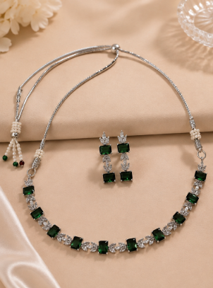 Silver-Toned Emerald Green Rectangular Stone Necklace & Earring Set