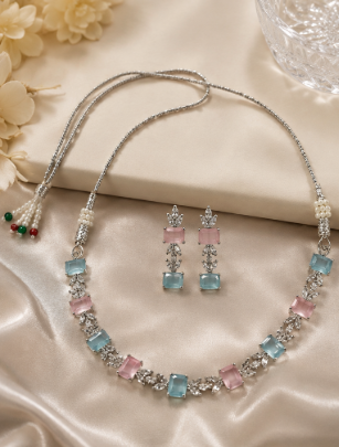 Silver-Toned Multicolor Pastel Stone Necklace & Earring Set
