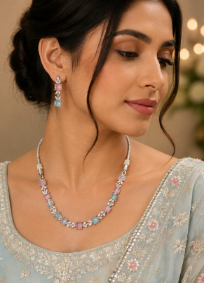 Silver-Toned Multicolor Pastel Stone Necklace & Earring Set