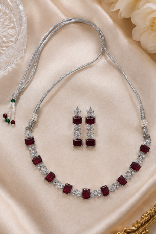 Silver-Toned Deep Red Stone Necklace & Earring Set