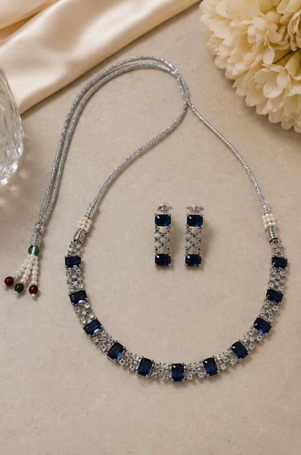 Silver-Toned Navy Blue Stone Necklace & Earring Set