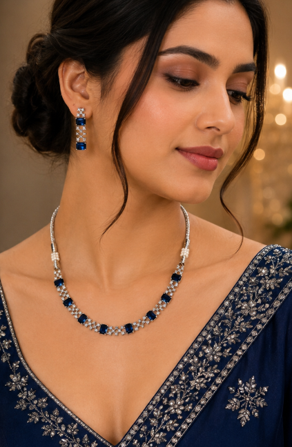 Silver-Toned Navy Blue Stone Necklace & Earring Set
