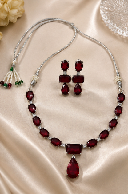 Silver-Toned Deep Burgundy Red Stone Necklace & Earring Set