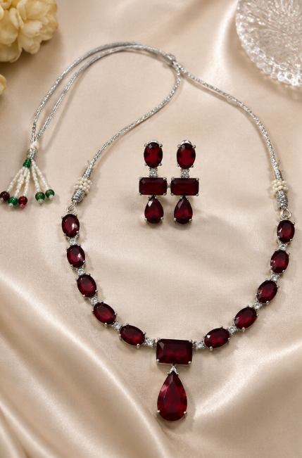Silver-Toned Deep Burgundy Red Stone Necklace & Earring Set