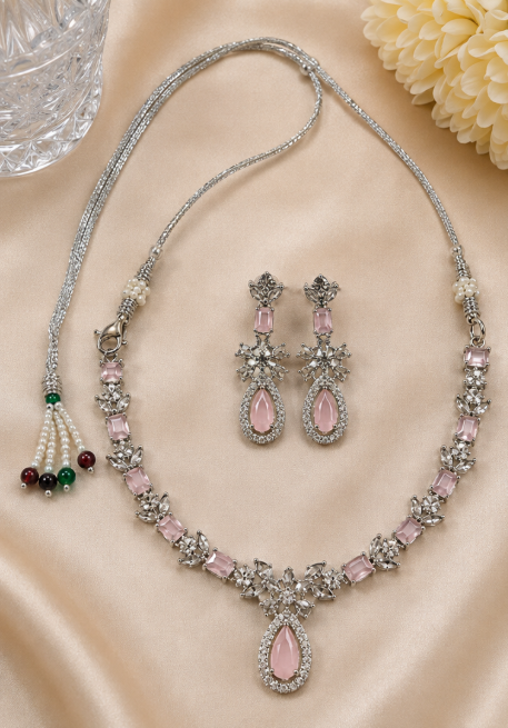 Silver-Toned Soft Pink Stone Necklace & Earring Set