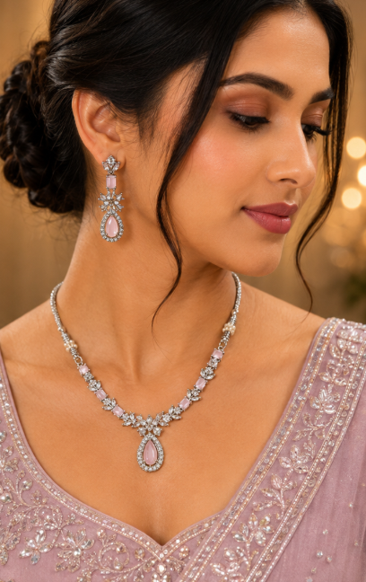 Silver-Toned Soft Pink Stone Necklace & Earring Set