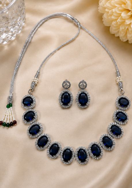 Silver-Toned Deep Navy Blue Stone Necklace & Earring Set
