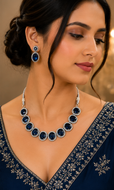 Silver-Toned Deep Navy Blue Stone Necklace & Earring Set