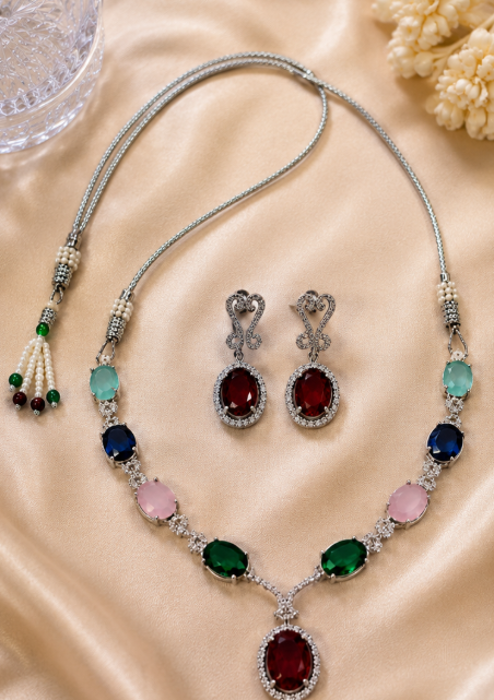 Silver-Toned Multicolor Stone Necklace & Earring Set