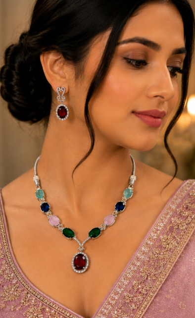 Silver-Toned Multicolor Stone Necklace & Earring Set