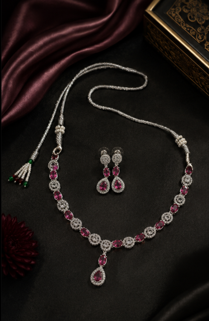 Silver-Toned Ruby-Pink Statement Necklace & Earring Set
