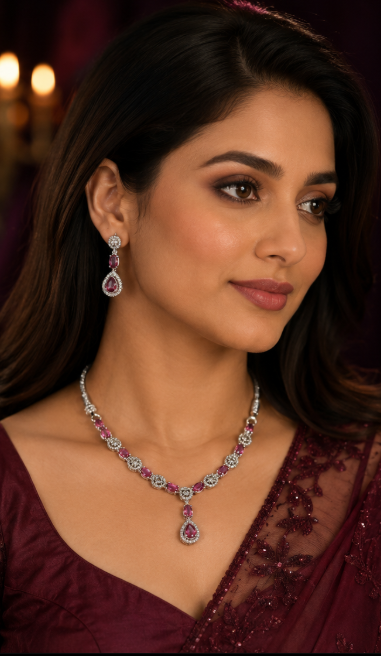 Silver-Toned Ruby-Pink Statement Necklace & Earring Set