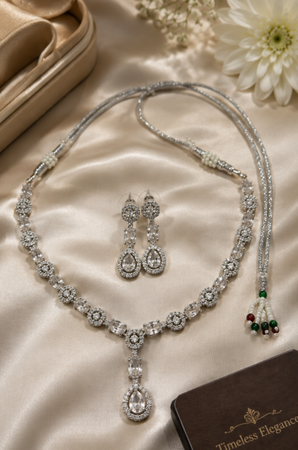 Silver-Toned Crystal Statement Necklace & Earring Set