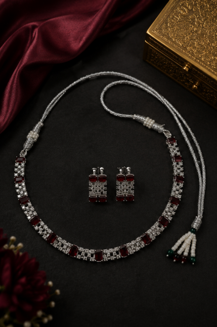 Silver-Toned Ruby Red Statement Necklace & Earring Set