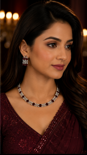 Silver-Toned Ruby Red Statement Necklace & Earring Set