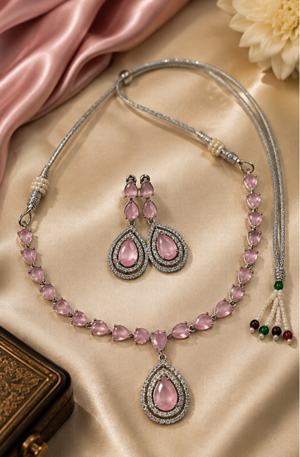 Silver-Toned Pink Crystal Necklace & Earring Set