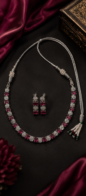 Silver-Toned Ruby Pink Necklace & Earring Set