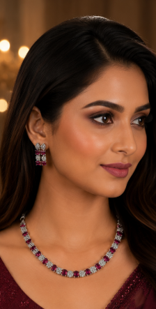 Silver-Toned Ruby Pink Necklace & Earring Set