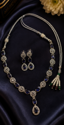 Silver-Toned Deep Blue Statement Necklace & Earring Set